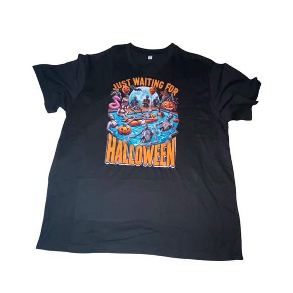 Just Waiting For Halloween Skeleton Pool Party Graphic Unisex Black T-Shirt XL - Picture 2 of 5
